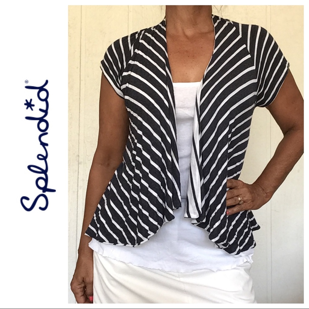 SPLENDID JERSEY KNIT STRIPED CARDIGAN BLUE AND WHITE MEDIUM
